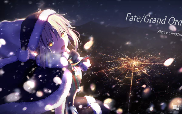 HD desktop wallpaper featuring an anime character from Fate/Grand Order in a Santa outfit with a snowy night scene and city lights in the background. Text reads Fate/Grand Order and Merry Christmas.