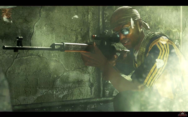 A character from Call of Duty: Modern Warfare 2 aims a sniper rifle, set against a gritty backdrop, creating an intense atmosphere in this HD PC desktop wallpaper.