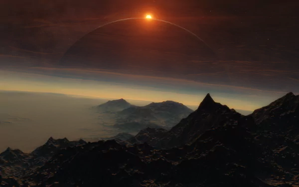 A stunning HD desktop wallpaper from the video game Space Engine, showcasing an otherworldly landscape with rugged mountains and a glowing moon or planet in the sky.