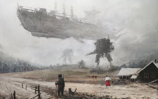 HD wallpaper featuring a floating battleship above a rustic landscape with a person and dog, evoking the ambiance of the board game Scythe.
