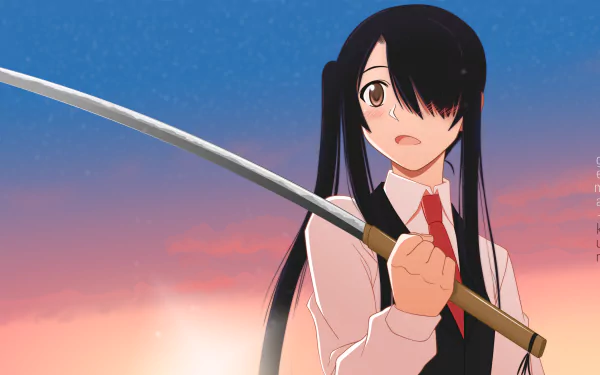 4K Ultra HD anime wallpaper from UQ Holder! featuring a character with long black hair holding a katana against a vibrant sunset sky background.