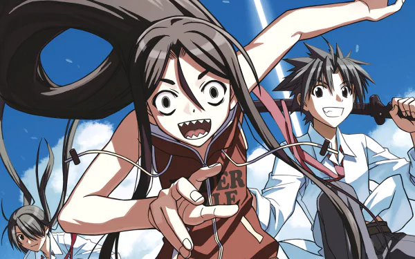 Anime — UQ Holder! HD PC desktop wallpaper/background: grinning long-haired girl lunges forward, smiling schoolboy and another classmate behind her under a bright blue sky.