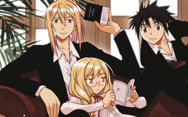 Anime HD desktop wallpaper featuring three UQ Holder! characters in school uniforms, two holding books, set against a warm indoor background with soft lighting.