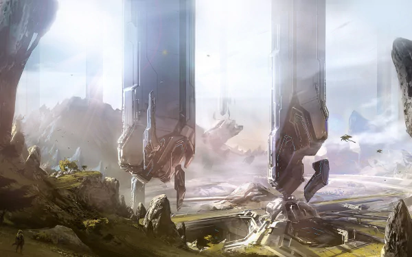An HD wallpaper of a floating island landscape from the video game Halo 4, featuring towering futuristic structures and a serene, otherworldly environment.