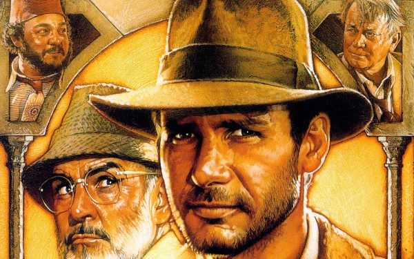 HD PC desktop wallpaper featuring key characters from the movie Indiana Jones and the Last Crusade, highlighting Indiana Jones in his iconic hat.