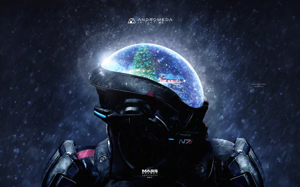 4K Ultra HD PC desktop wallpaper featuring a dark, armored figure with a glowing helmet visor from the video game Mass Effect: Andromeda against a starry background.