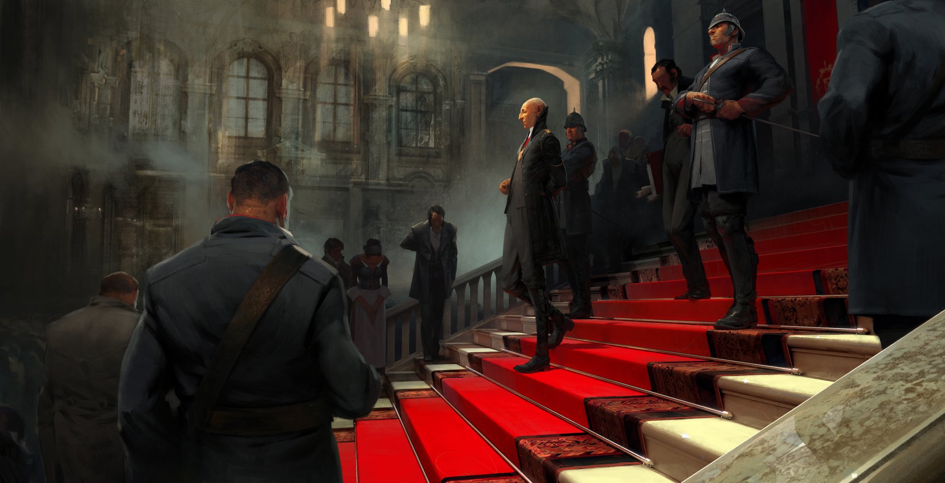 4K Ultra HD Dishonored video game wallpaper showing a tense, dimly lit scene of a man ascending red-carpeted stairs amid armed guards in a grand, shadowed interior.