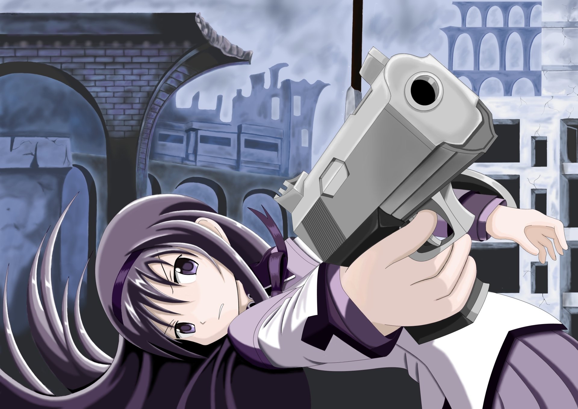 Homura Akemi from Puella Magi Madoka Magica aims a handgun in a ruined city, dramatic low-angle composition — 2K Quad HD anime PC desktop wallpaper/background.