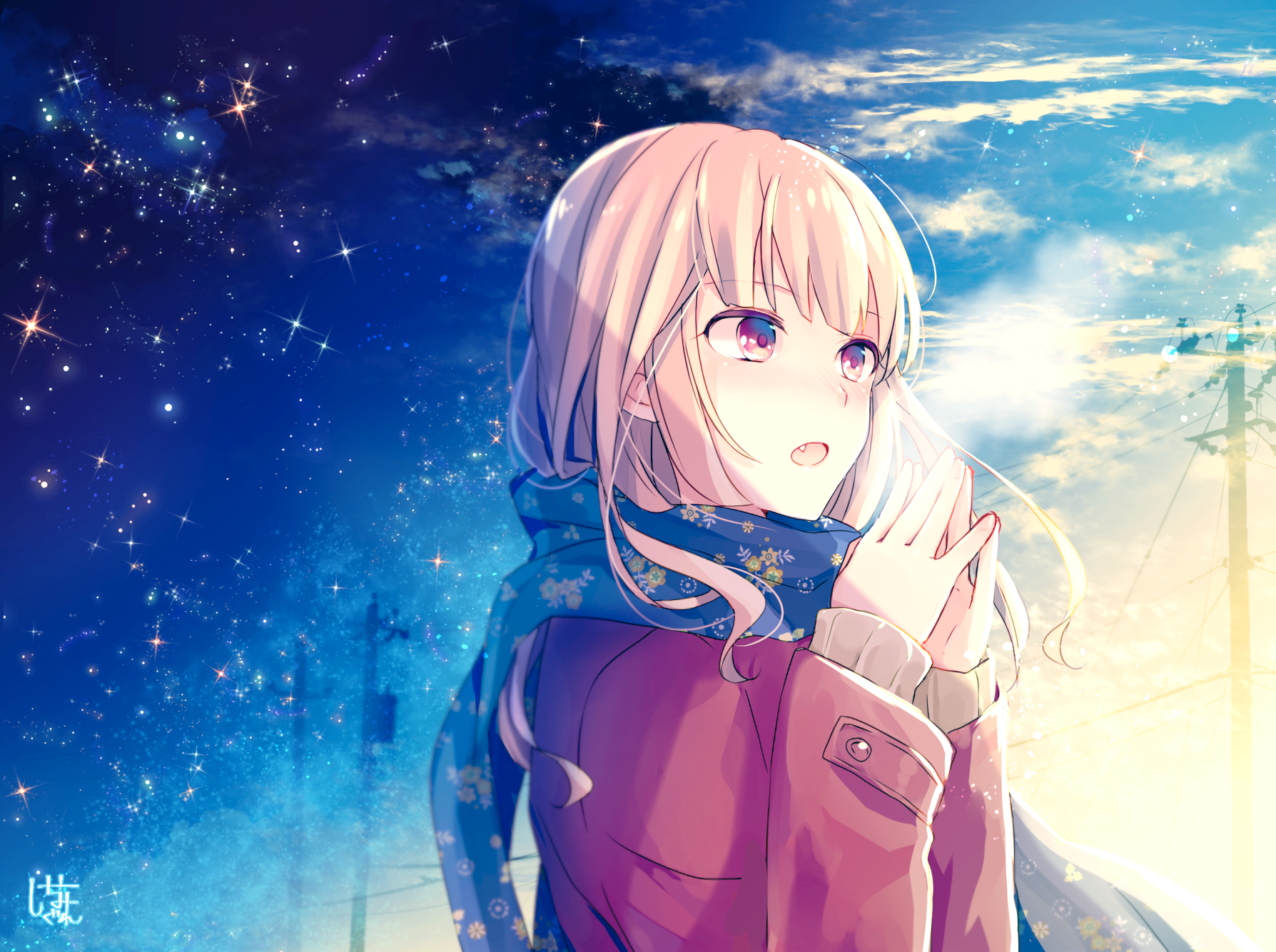 HD desktop wallpaper featuring an original anime character, a girl with blonde hair and a scarf, gazing thoughtfully against a backdrop of a starry sky transitioning to daylight.