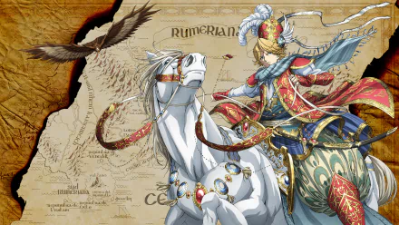 Tughril Mahmut from Shoukoku no Altair in ornate armor riding a white horse, reins and jeweled gear, eagle overhead against an aged map — HD anime desktop wallpaper.