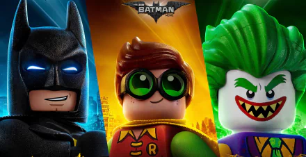 HD desktop wallpaper featuring Lego versions of Batman, Robin (Dick Grayson), and Joker from The Lego Batman Movie. The characters stand against vibrant colored backgrounds with the movie logo above.