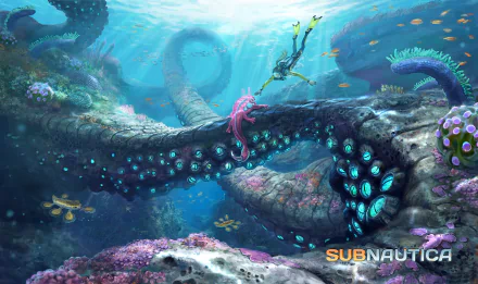 HD desktop wallpaper featuring a Subnautica creature entwined around underwater structures amidst vibrant marine life.