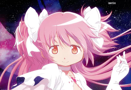 Ultimate Madoka (Madoka Kaname) from Puella Magi Madoka Magica: pink twin tails with white bows, glowing white dress and outstretched hand against a starry cosmic backdrop — 8K Ultra HD anime wallpaper