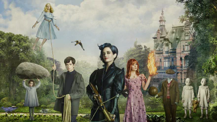 HD PC desktop wallpaper featuring characters from the movie Miss Peregrine's Home for Peculiar Children standing in front of a grand, eerie mansion.
