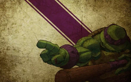 HD desktop wallpaper featuring Donatello from the Teenage Mutant Ninja Turtles, showcasing his iconic green arm and a textured background with purple stripes.