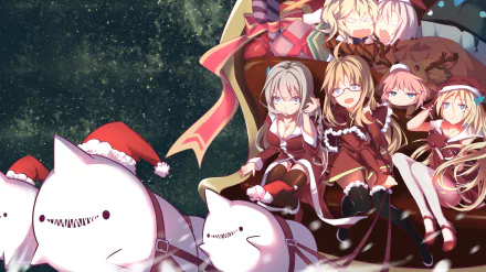 Anime Warship Girls HD PC desktop wallpaper/background: festive crew in red winter outfits riding a gift-filled sleigh pulled by smiling whale-like creatures beneath a starry night.