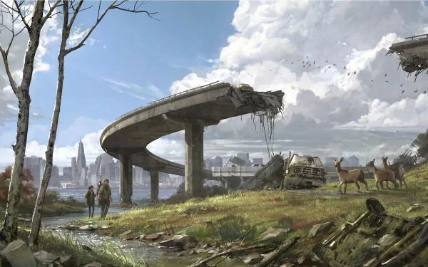 HD wallpaper featuring Joel and Ellie from The Last of Us walking under a broken overpass in a post-apocalyptic landscape with distant city skyline and wild deer.