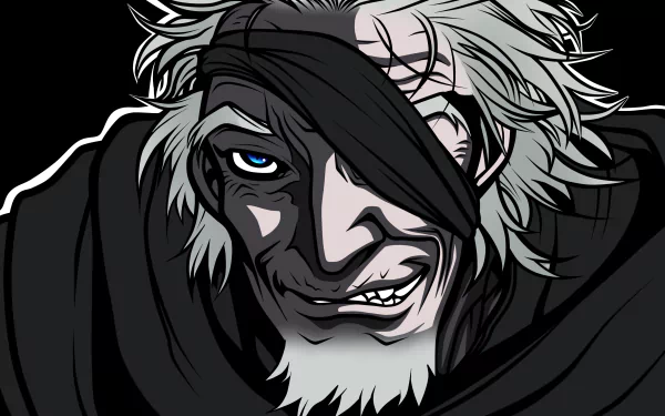 Drifters anime close-up: eyepatched white-haired warrior snarling beneath a dark cloak, stark high-contrast shading — 4K Ultra HD PC desktop wallpaper and background.