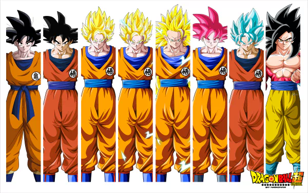 HD desktop wallpaper featuring Goku from Dragon Ball Super in various Super Saiyan transformations. The image showcases these stages with vibrant colors and dynamic designs.