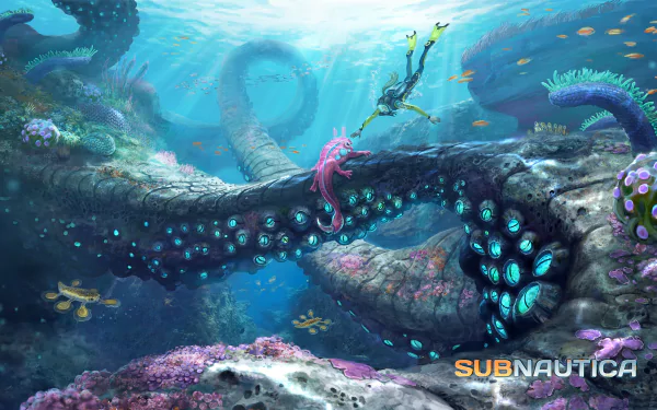 HD desktop wallpaper featuring a Subnautica creature entwined around underwater structures amidst vibrant marine life.