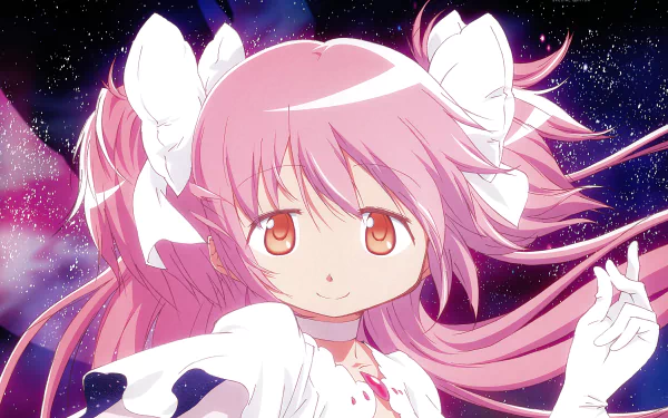 Ultimate Madoka (Madoka Kaname) from Puella Magi Madoka Magica: pink twin tails with white bows, glowing white dress and outstretched hand against a starry cosmic backdrop — 8K Ultra HD anime wallpaper