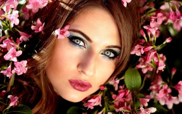 Women Face Model Redhead Blue Eyes Lipstick Pink Flower Makeup HD Wallpaper | Background Image