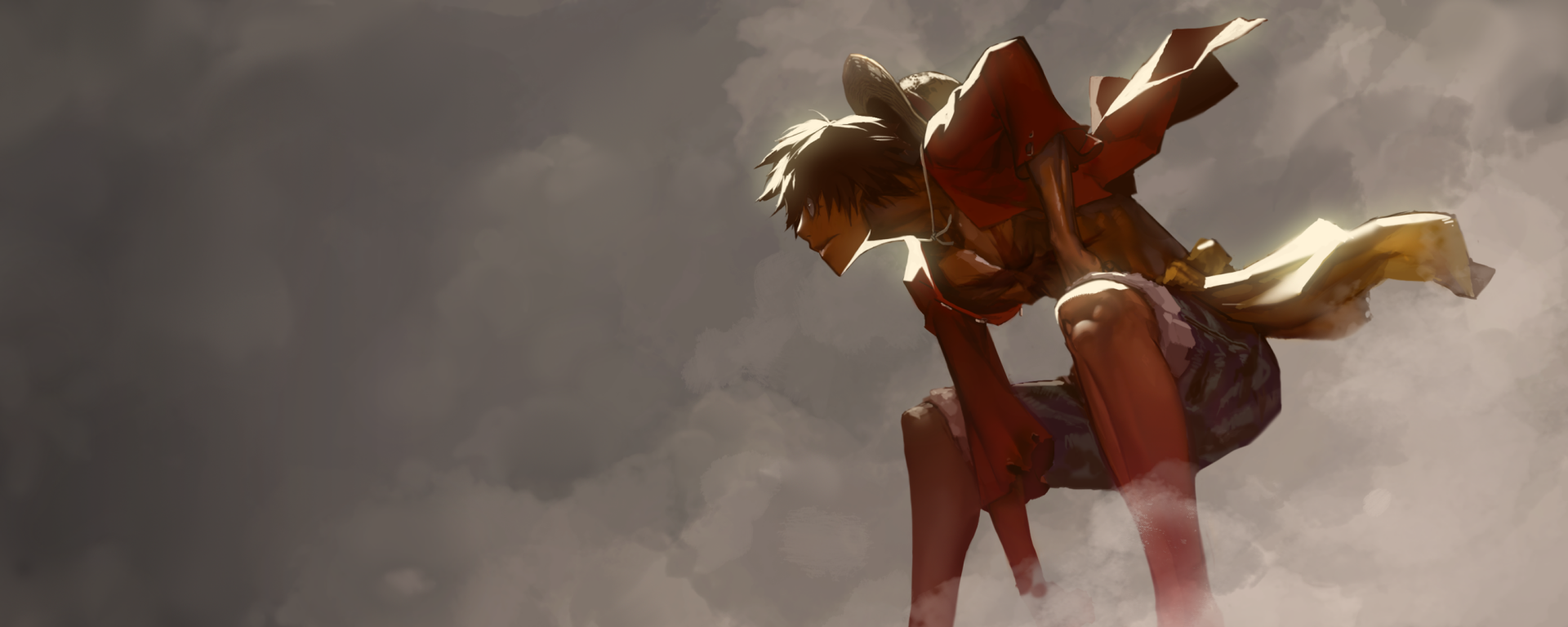 HD desktop wallpaper featuring Monkey D. Luffy from the anime One Piece, portrayed in a dramatic pose against a cloudy background.