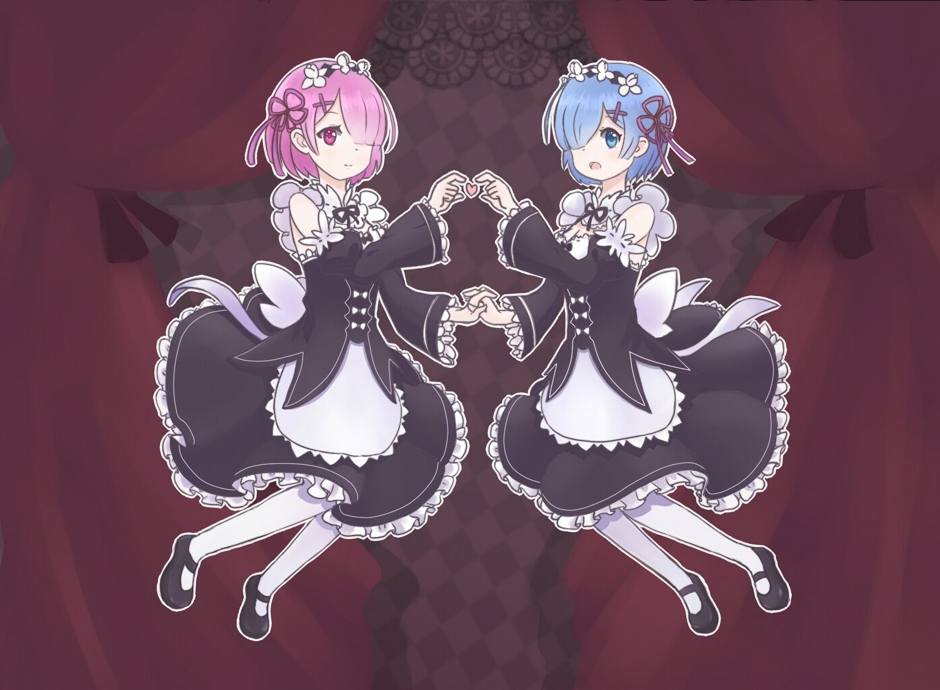 HD anime desktop wallpaper featuring Ram and Rem from Re:Zero - Starting Life in Another World, posing with hands forming a heart against a dark patterned background.