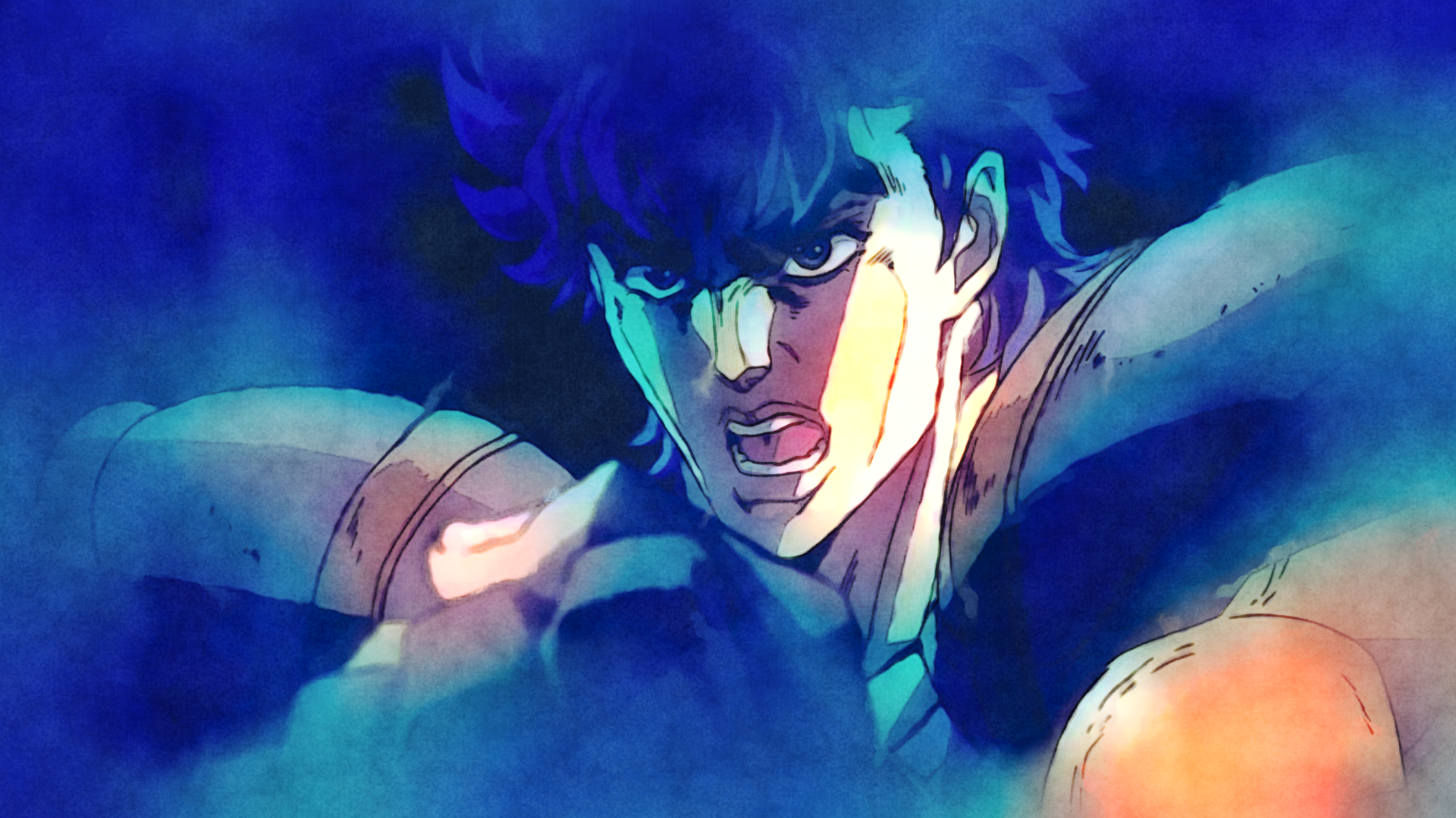 HD PC desktop wallpaper of Jonathan Joestar from JoJo's Bizarre Adventure — dramatic anime close-up with intense expression and vivid blue-orange lighting.