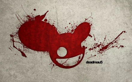 HD PC desktop wallpaper featuring a stylized red Deadmau5 mouse head logo with splattered paint effects on a textured gray background, tagged deamau5 and music.