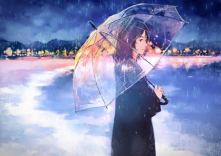 HD anime wallpaper featuring Mitsuha Miyamizu from Your Name. standing under an umbrella in the rain with a cityscape background.