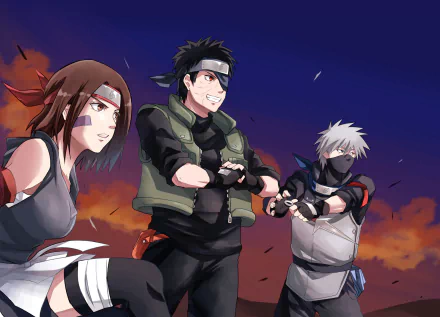 HD anime wallpaper featuring Rin Nohara, Obito Uchiha, and Kakashi Hatake from Naruto, against a dramatic sky background.