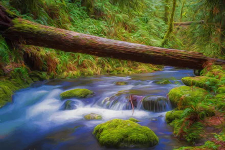 A 4K Ultra HD oil painting of a serene Canadian stream with moss-covered logs and rocks flowing through lush green nature.