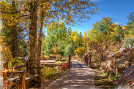 Oil painting of a peaceful Colorado park landscape featuring a tree-lined path, bench, and vibrant autumn foliage, styled as a high-definition desktop wallpaper.