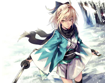 HD PC desktop wallpaper featuring an anime character from Fate/KOHA-ACE, dressed in a teal and white outfit, holding a sword amidst a snowy background.