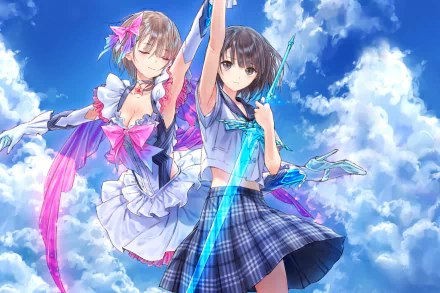 Anime-style HD desktop wallpaper from Blue Reflection features two girls against a bright, cloudy sky—one in a school uniform with a glowing blue sword, the other in a flowing dress.