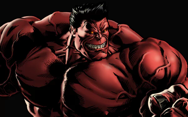 HD PC desktop wallpaper featuring a fierce comic depiction of Red Hulk with intense red muscles and a menacing expression against a dark background.