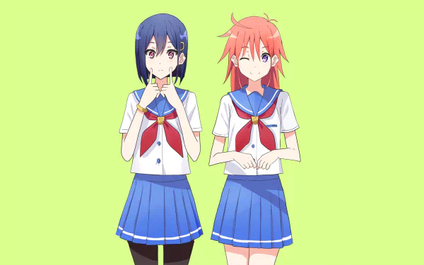 HD PC desktop wallpaper/background: Kokona and Papika from the anime Flip Flappers in school uniforms on a lime background.