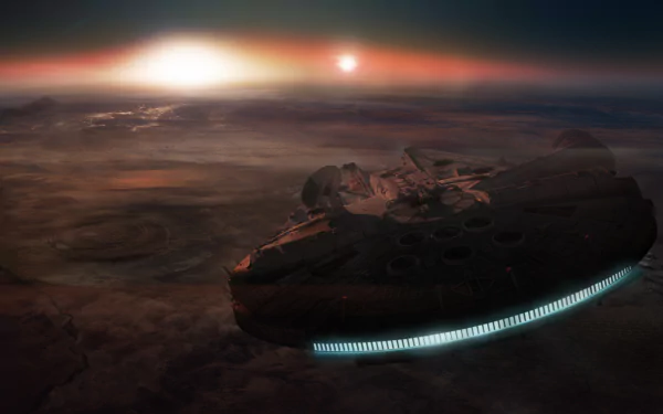 A stunning HD desktop wallpaper of the Millennium Falcon flying over Jakku at sunset from Star Wars Episode VII: The Force Awakens.