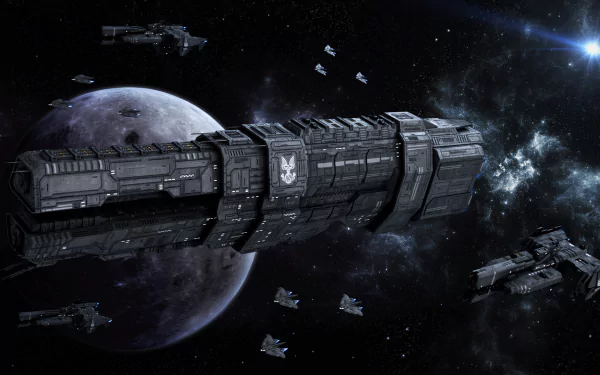 A stunning HD wallpaper for Sins of a Solar Empire: Rebellion, featuring a colossal spaceship navigating through a starry space scene with a distant planet and smaller ships nearby.