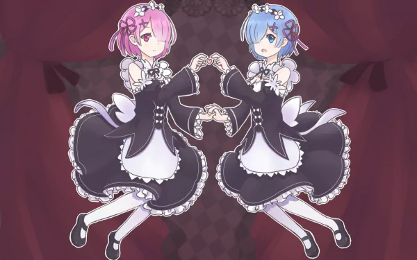 HD anime desktop wallpaper featuring Ram and Rem from Re:Zero - Starting Life in Another World, posing with hands forming a heart against a dark patterned background.