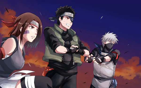 HD anime wallpaper featuring Rin Nohara, Obito Uchiha, and Kakashi Hatake from Naruto, against a dramatic sky background.