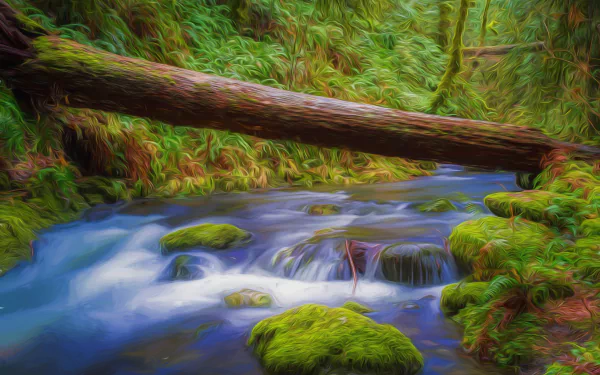 A 4K Ultra HD oil painting of a serene Canadian stream with moss-covered logs and rocks flowing through lush green nature.