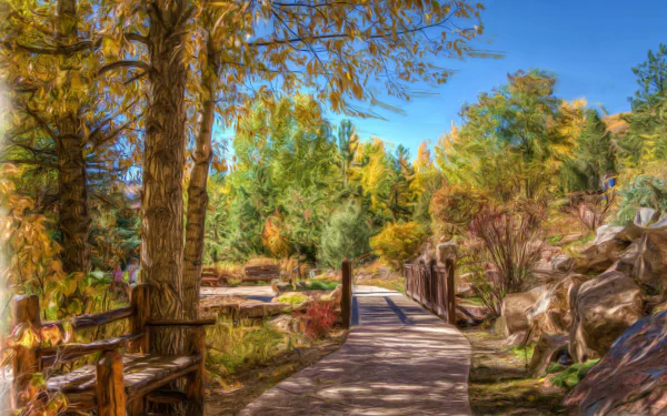 Oil painting of a peaceful Colorado park landscape featuring a tree-lined path, bench, and vibrant autumn foliage, styled as a high-definition desktop wallpaper.