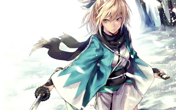 HD PC desktop wallpaper featuring an anime character from Fate/KOHA-ACE, dressed in a teal and white outfit, holding a sword amidst a snowy background.