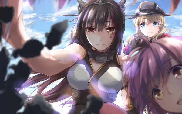HD anime wallpaper featuring characters Prinz Eugen and Nagato from Kantai Collection. Three characters are shown in a dynamic and colorful scene against a cloudy sky background.