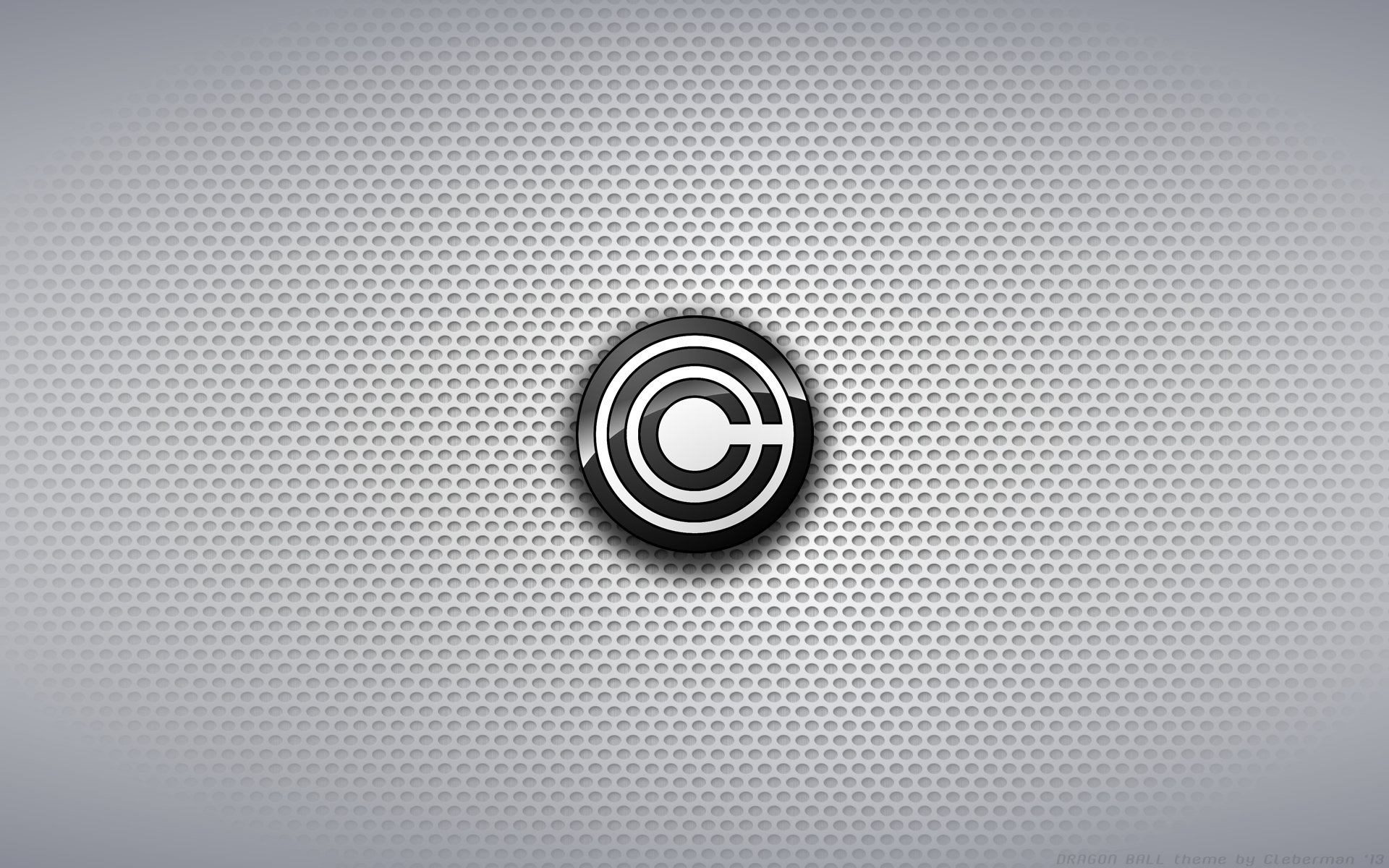 HD PC desktop wallpaper featuring the Capsule Corp logo from the anime Dragon Ball Z on a textured metallic background.
