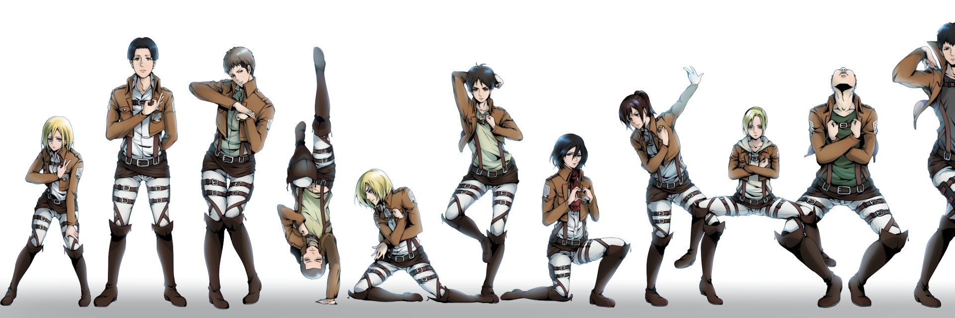 HD PC desktop wallpaper featuring key Attack on Titan characters including Eren Yeager, Mikasa Ackerman, Sasha Blouse, Reiner Braun, Jean Kirstein, and more in dynamic poses.
