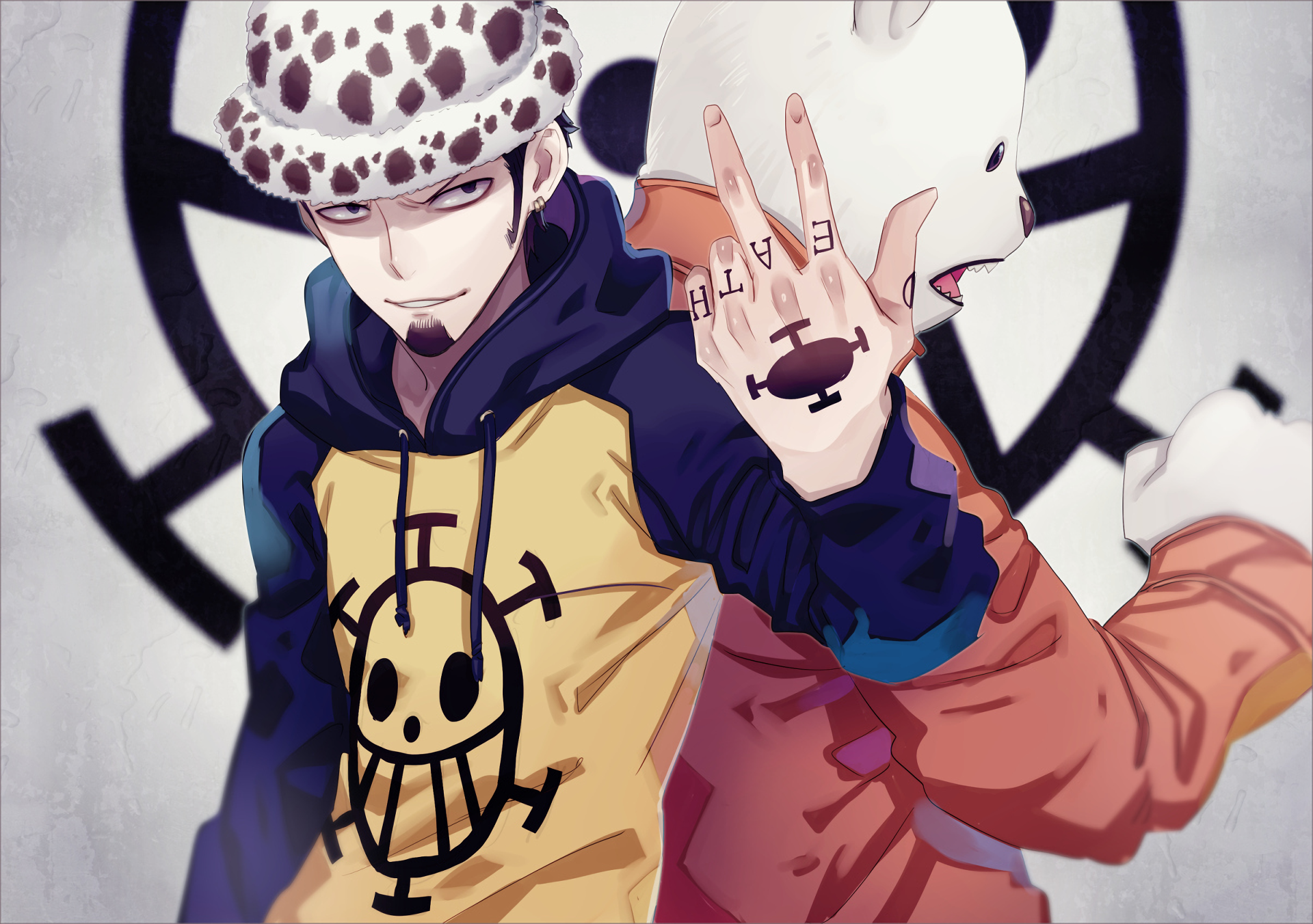 HD desktop wallpaper featuring Trafalgar Law from the anime One Piece. He is shown with his hand raised, displaying the DEATH tattoo on his fingers, with his iconic outfit and a crewmate in the background.