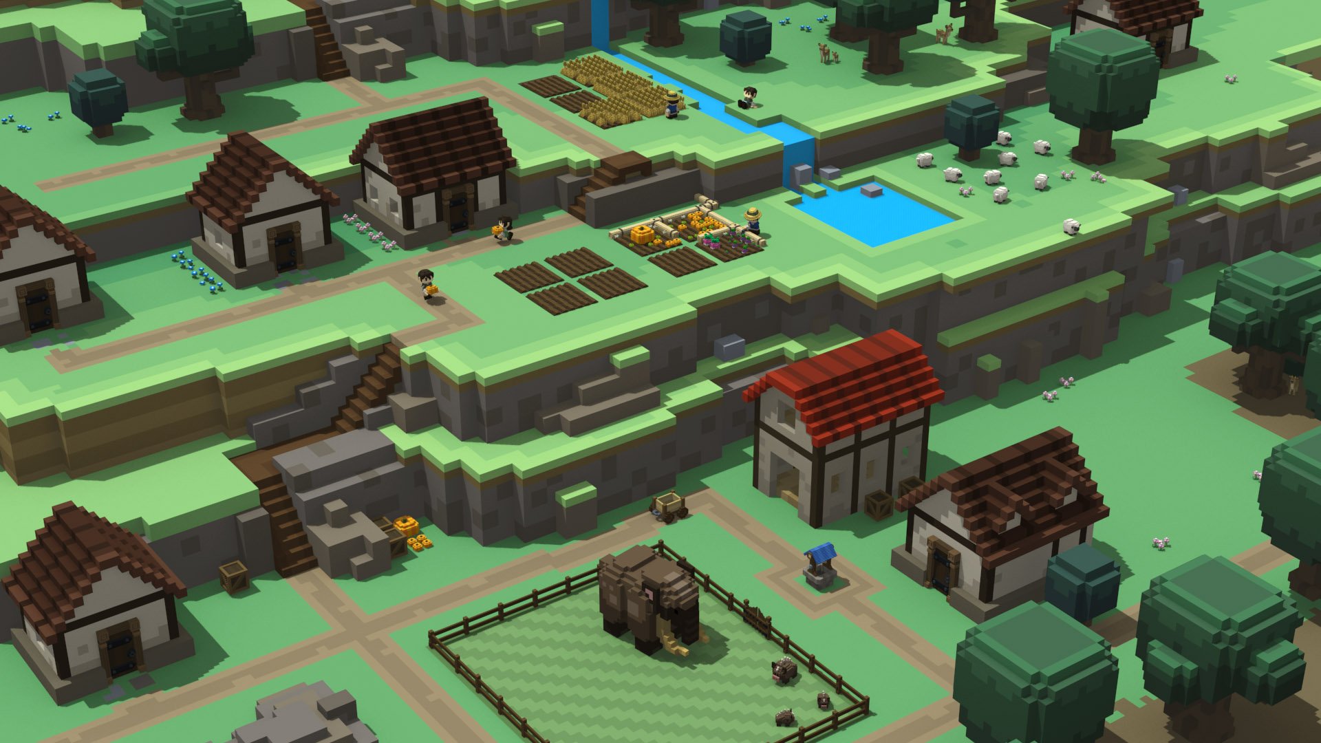 HD desktop wallpaper of Stonehearth game showcasing a voxel-based village with houses, fields, and villagers.